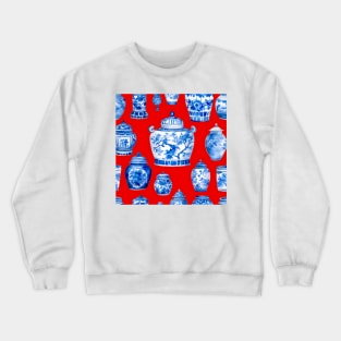 Blue and white chinoiserie jars on red Crewneck Sweatshirt